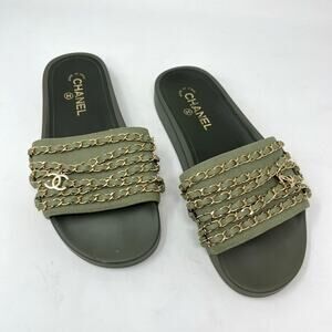 Chanel CC Chainlink Flat Slide Sandals green size 39 EU Slip On